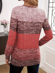 Marled stripe knit sweater in Terracotta with button shoulder detail.