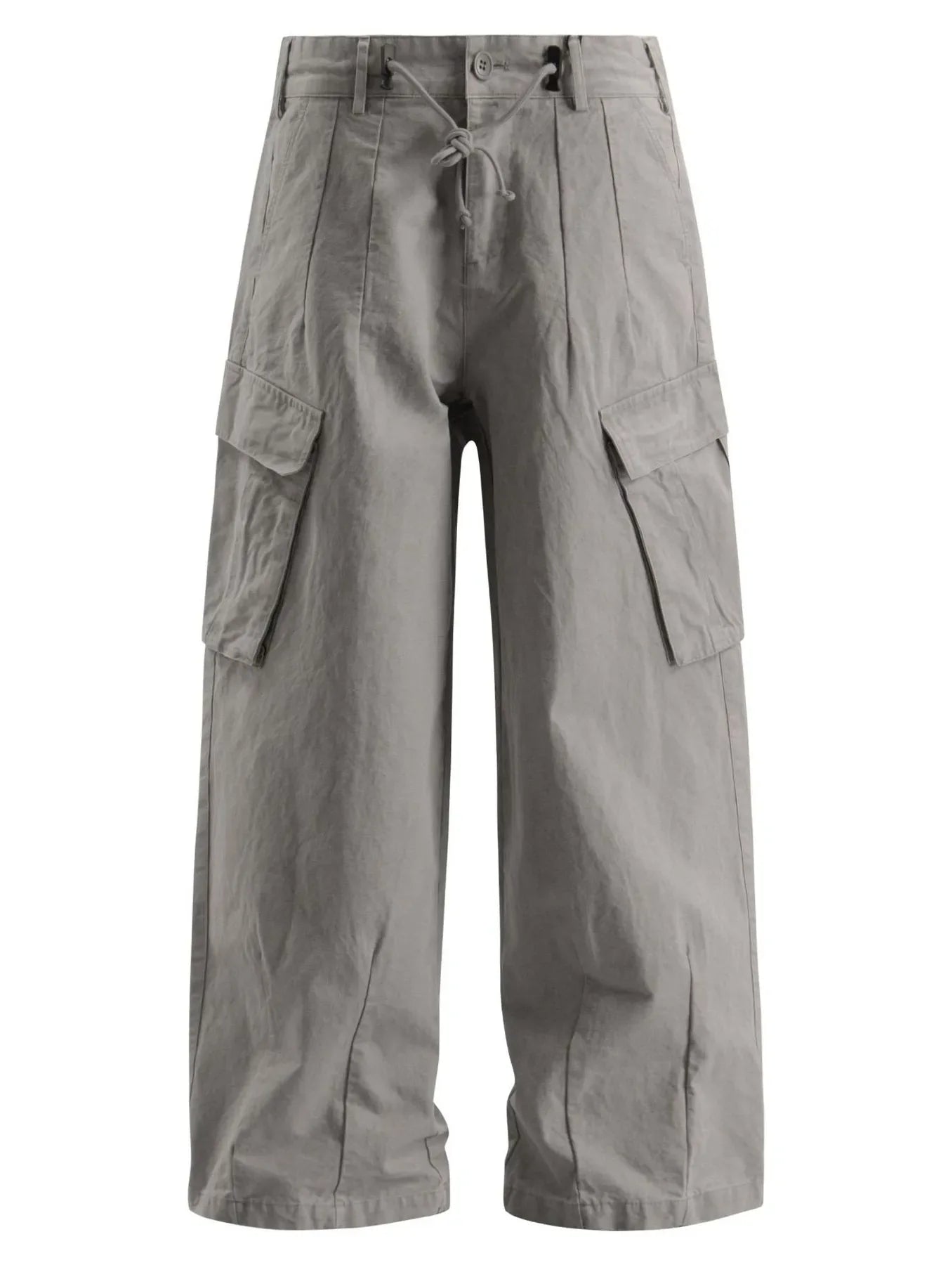 Light gray relaxed fit drawstring cargo pants with flap pockets and wide legs.