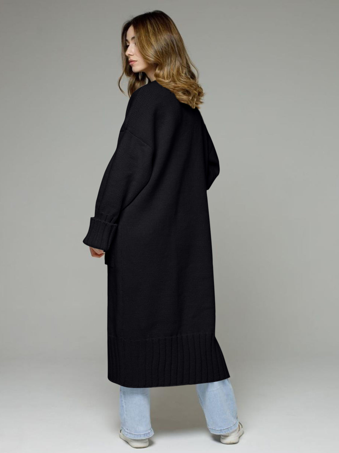 Black oversized ribbed-trim maxi cardigan with cuffed sleeves and a ribbed hem.