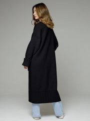 Black oversized ribbed-trim maxi cardigan with cuffed sleeves and a ribbed hem.