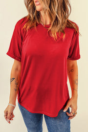 Rolled sleeve raglan tee in scarlet red with a relaxed fit.