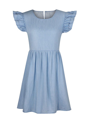 Light blue denim babydoll dress with ruffled short sleeves and a gathered waist