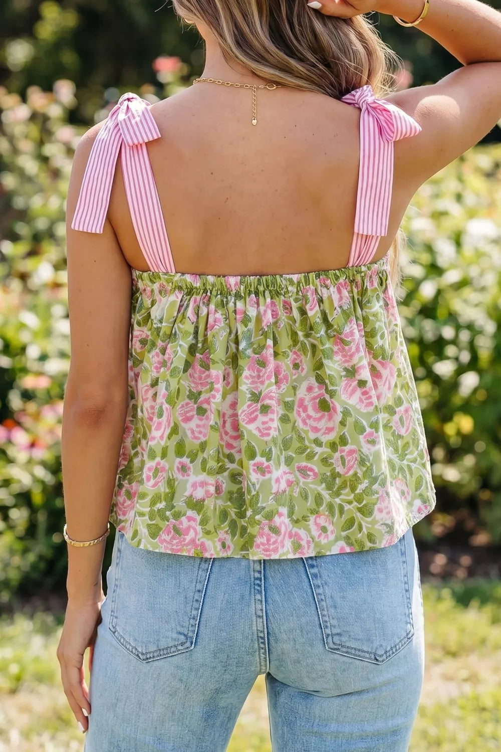 Floral camisole with tie straps and pink stripe detail