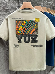 Men's crew neck t-shirt in Matcha Green with abstract graphic print and text.