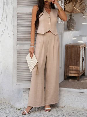 Tan textured crop vest and wide leg pants set with button detail