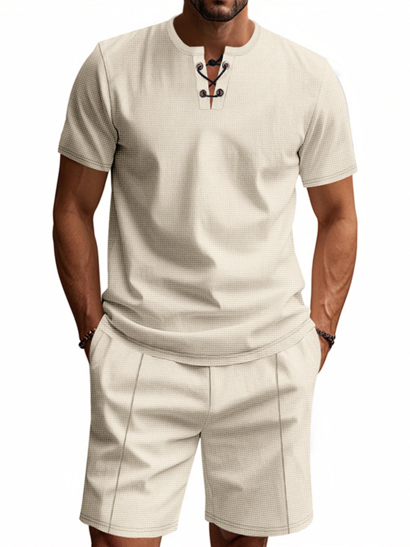 Men's khaki lace-up V-neck casual short-sleeve shirt and shorts set