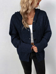 Dark Blue button-front hooded knit cardigan with drawstring and ribbed cuffs.