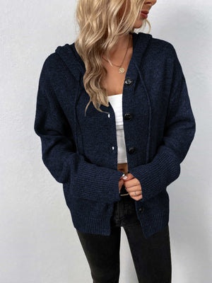 Dark Blue button-front hooded knit cardigan with drawstring and ribbed cuffs.