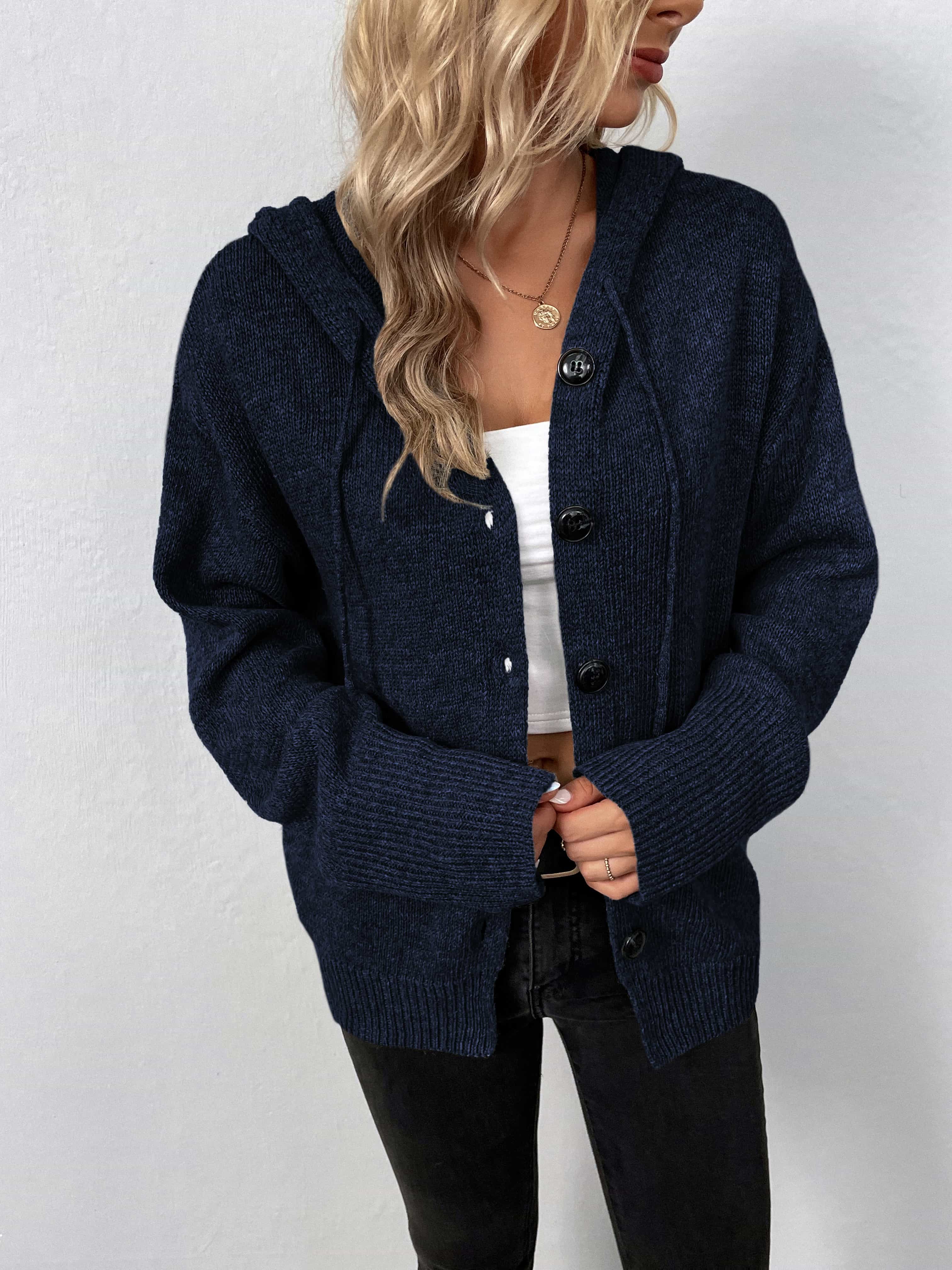 Dark Blue button-front hooded knit cardigan with drawstring and ribbed cuffs.
