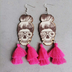 Hot Pink Skull Bun Tassel Drop Earrings with spiderweb glasses detail