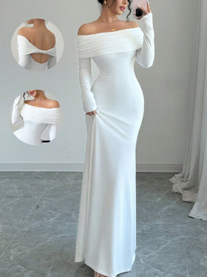 White off-shoulder maxi dress with draped neckline and long sleeves, bodycon fit.