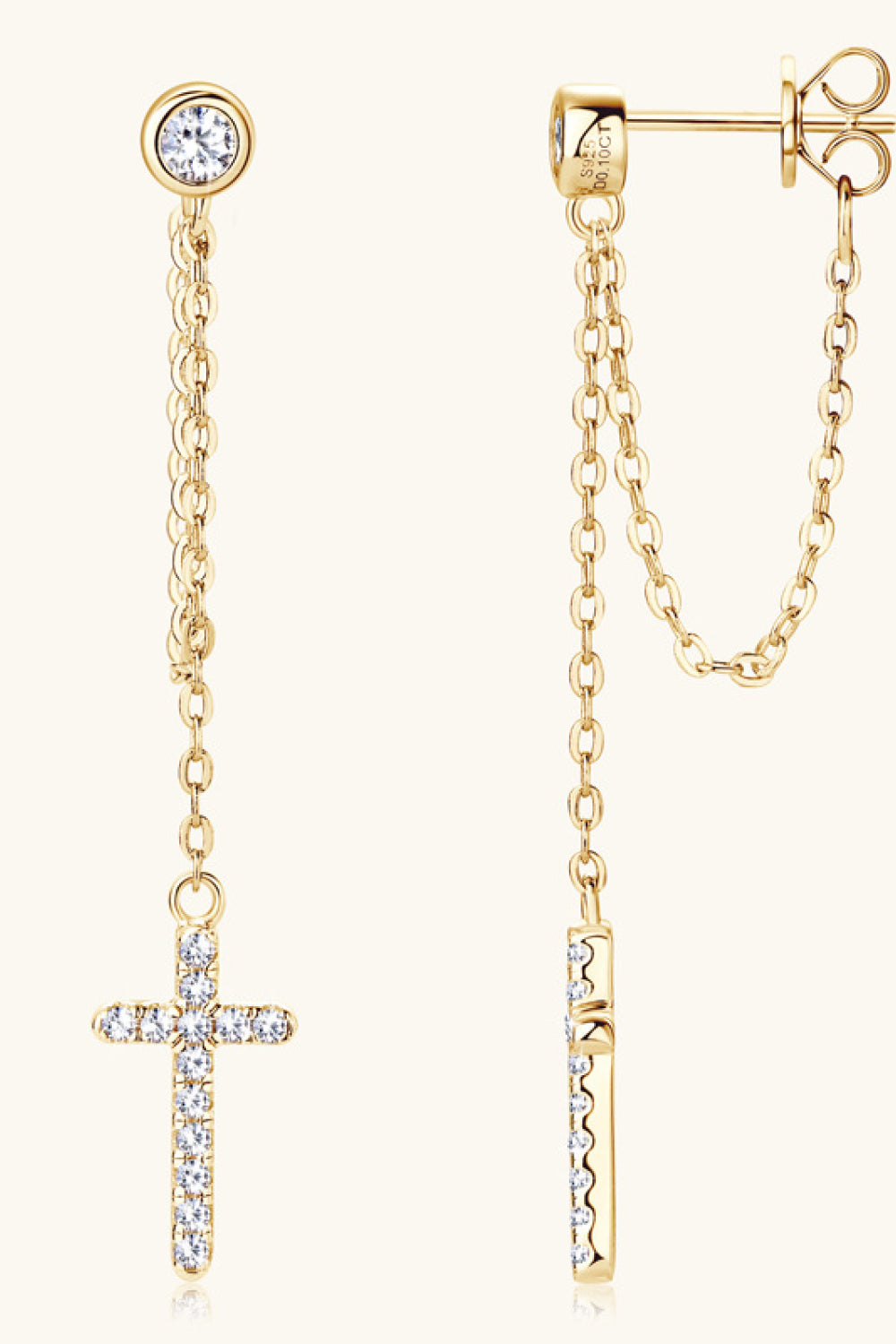 Gold dangling cross chain stud earrings with cubic zirconia, 925 sterling silver.