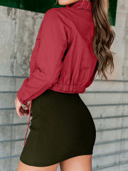 Deep Red cropped utility jacket with drawstring hem and button details.