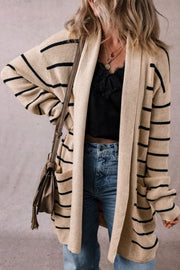 Khaki striped ribbed knit open cardigan with pockets and a relaxed fit.