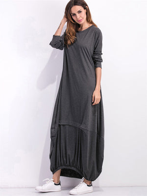 Dark gray long sleeve maxi dress with balloon hem and crew neck