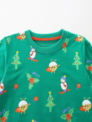 Festive print kids round sweatshirt in turquoise with Christmas characters and trees.