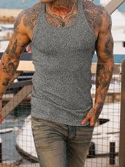 Gray ribbed muscle tank with a scoop neck and sculpted fit.