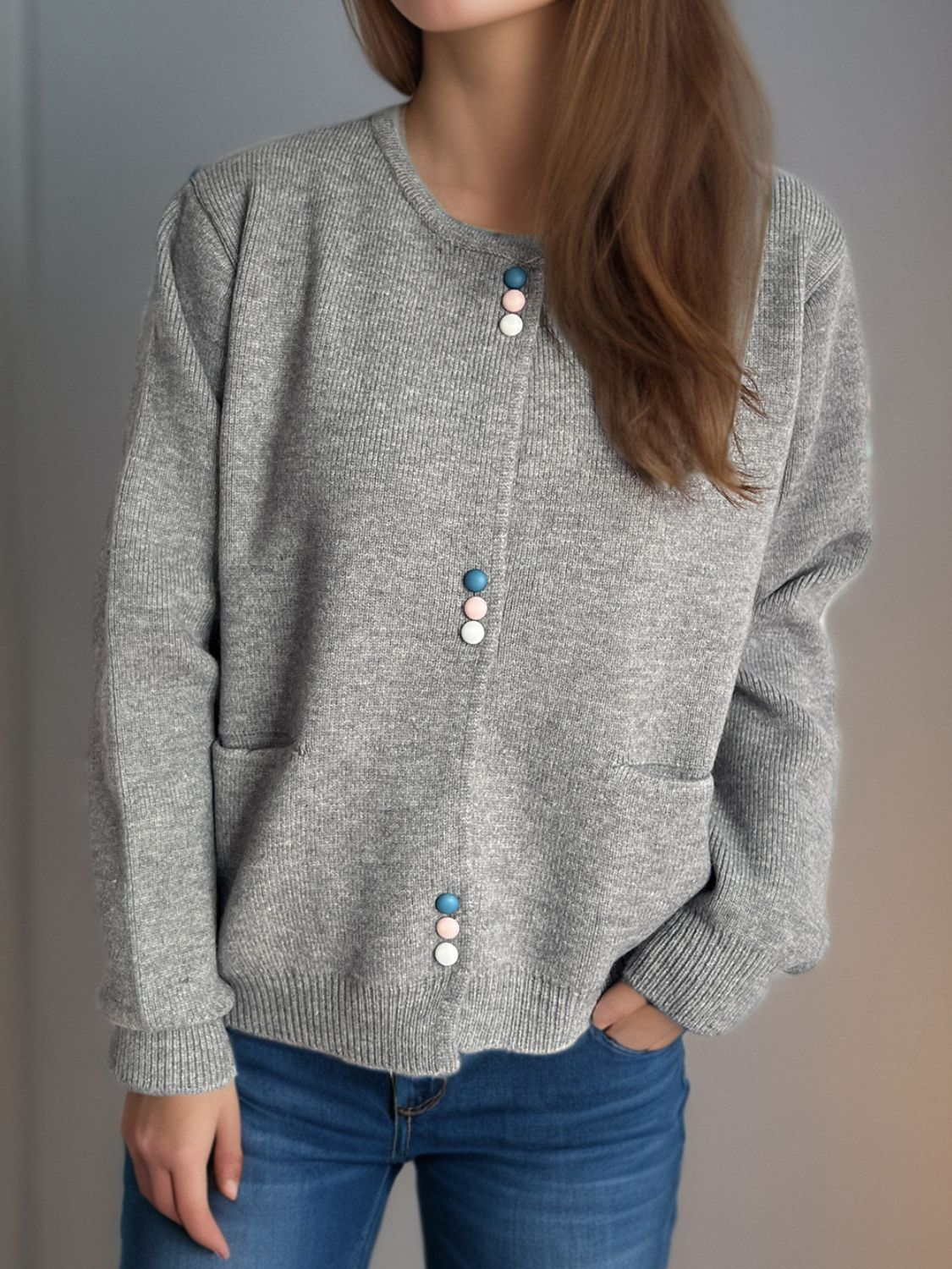 Gray ribbed knit button-up cardigan with pastel bead buttons and pockets