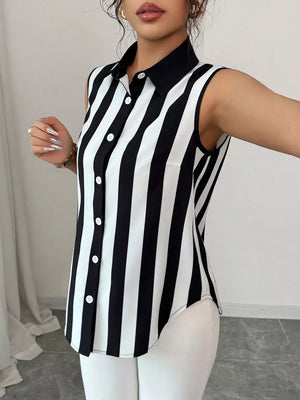 Sleeveless collared shirt with black and white stripes and button front.