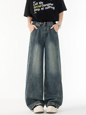 Men's blue 100 cotton wide-leg jeans with vintage wash and baggy fit.