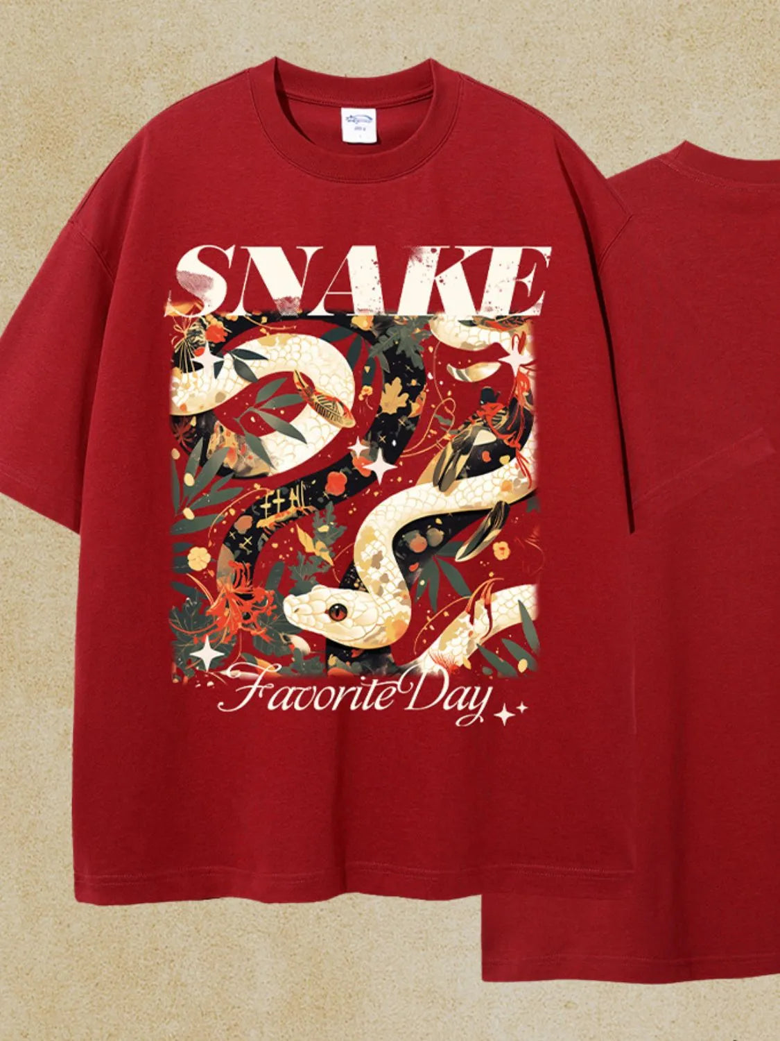 Deep Red oversized tee with a bold snake graphic and "Favorite Day" text.