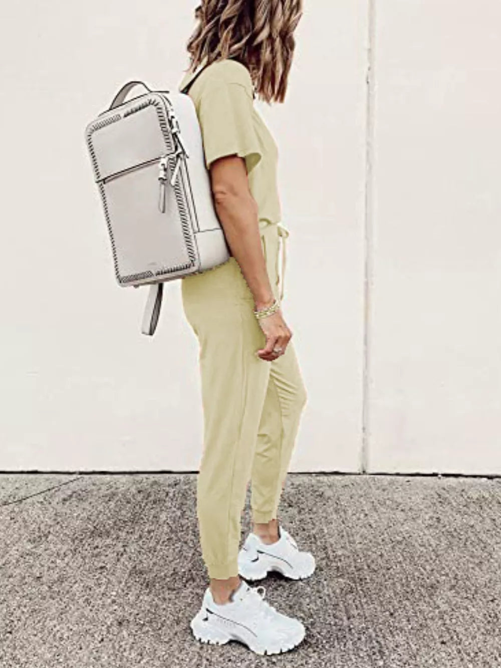 Casual round neck top and jogger pants set in apricot, cotton, with drawstring waist.