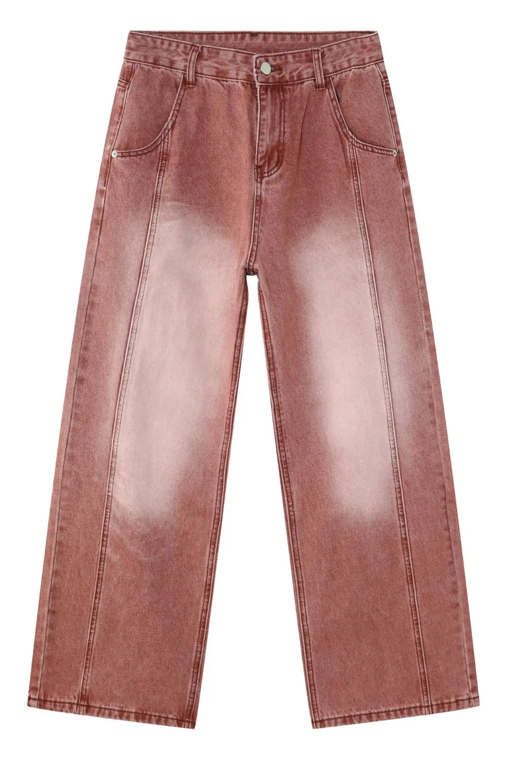 Relaxed fit coral denim jeans with a faded wash and front seam detail.