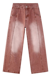 Relaxed fit coral denim jeans with a faded wash and front seam detail.