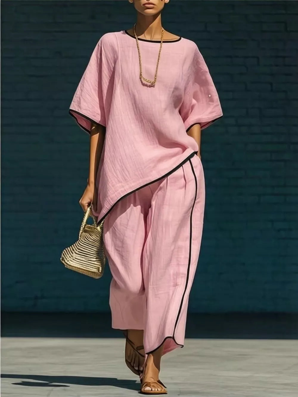Pink two-piece set with contrast trim, featuring a cropped pants and loose top.