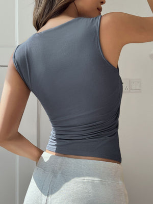 Dark gray sculpted square neckline tank top with ruched side detail.