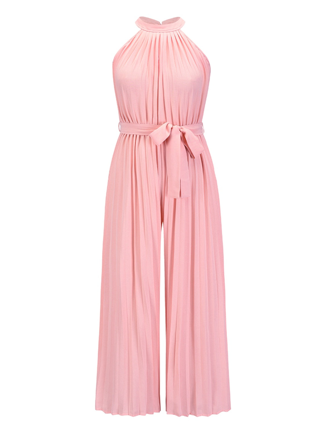 Blush pink pleated halter neck palazzo jumpsuit with tie waist