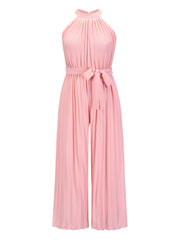 Blush pink pleated halter neck palazzo jumpsuit with tie waist