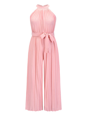 Blush pink pleated halter neck palazzo jumpsuit with tie waist
