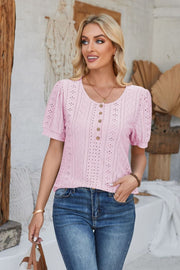 Pink perforated puff sleeve henley blouse with button detail