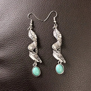 Silver feather cascade drop earrings with turquoise oval stones