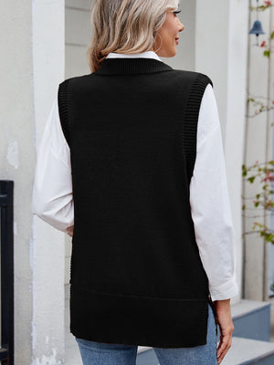 Black ribbed knit vest with side buttons, collared neckline, and a relaxed fit.