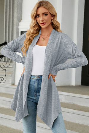 Light blue textured knit cardigan with asymmetrical drape front and long sleeves.