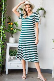 Striped jersey maxi dress with v-neck, short sleeves, and slit hem in green and white stripes.