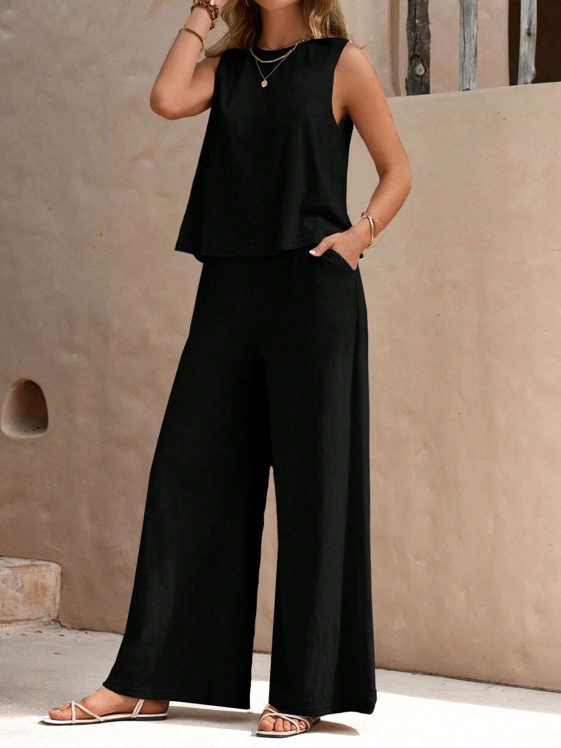 Black linen tank top and wide-leg palazzo pants set with pockets