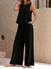 Black linen tank top and wide-leg palazzo pants set with pockets