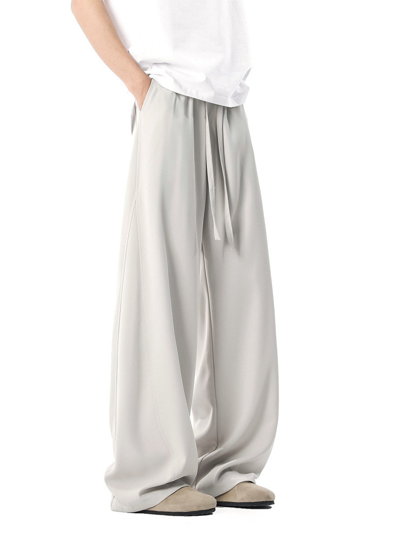 Men's relaxed wide leg sweatpants in light gray with drawstring waist.