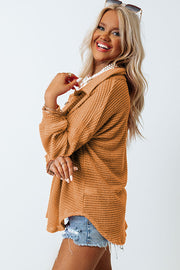 Waffle knit button-down shirt jacket in Caramel with a relaxed fit and collared neckline.