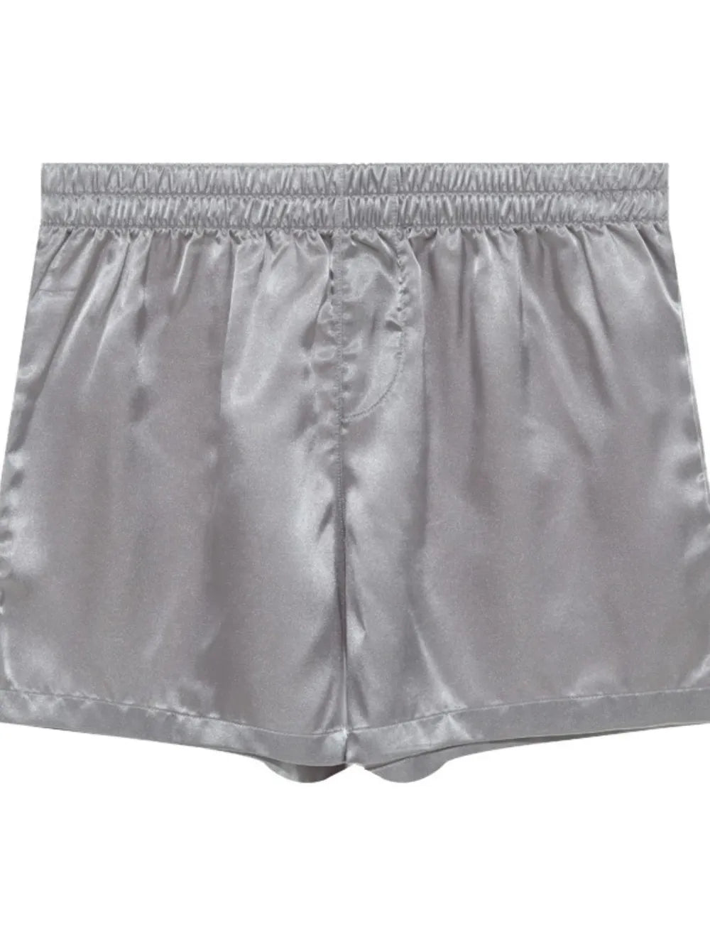 Gray satin boxer shorts with elastic waistband and fly detail