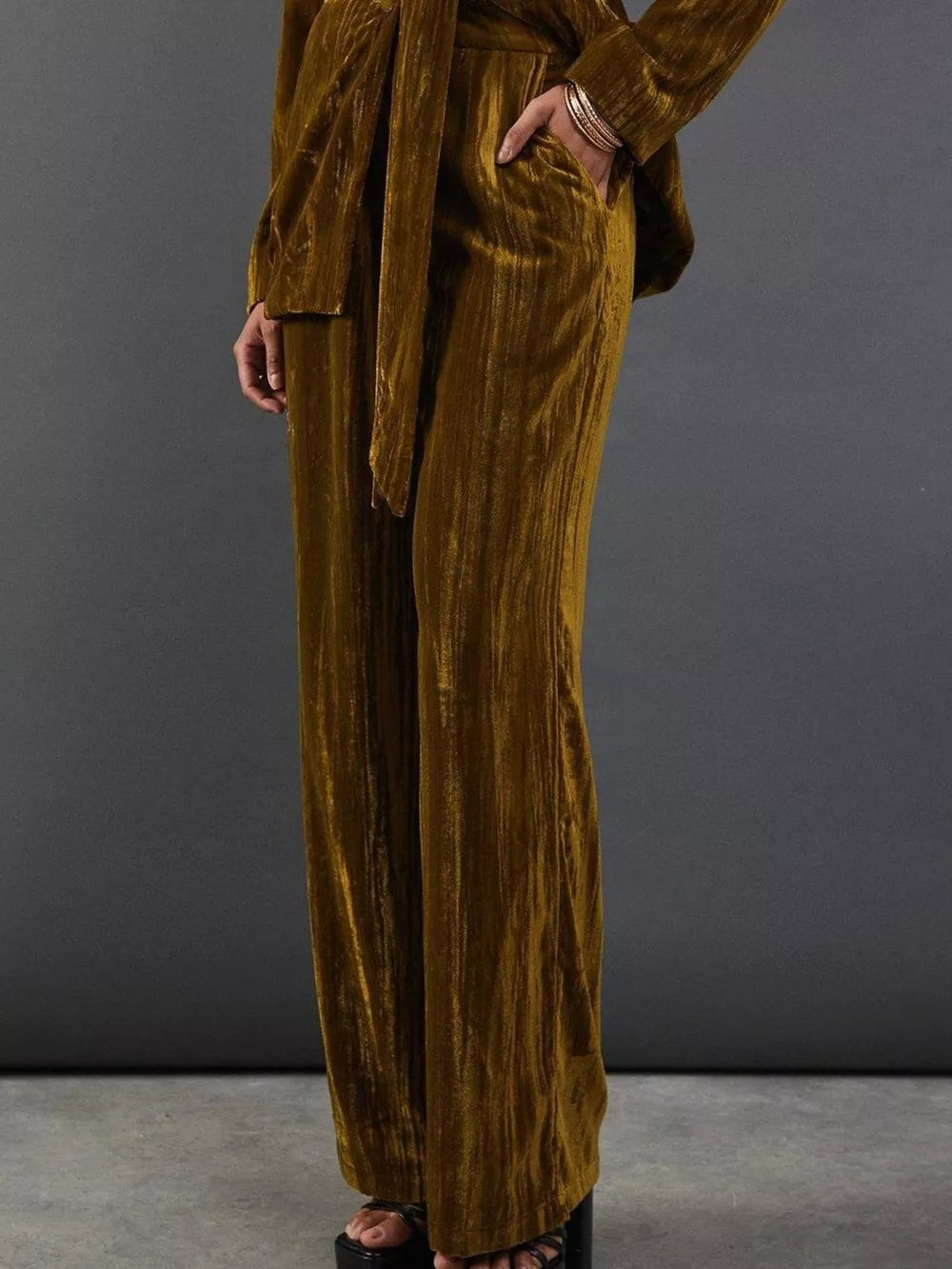 Velvet wide leg pants in tan with a belted waist, part of a pant suit ensemble.