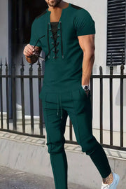 Men's Full Size Lace-up Front Top And Pants Set, front view
