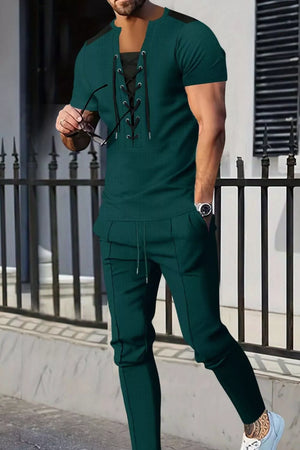 Men's Full Size Lace-up Front Top And Pants Set, front view