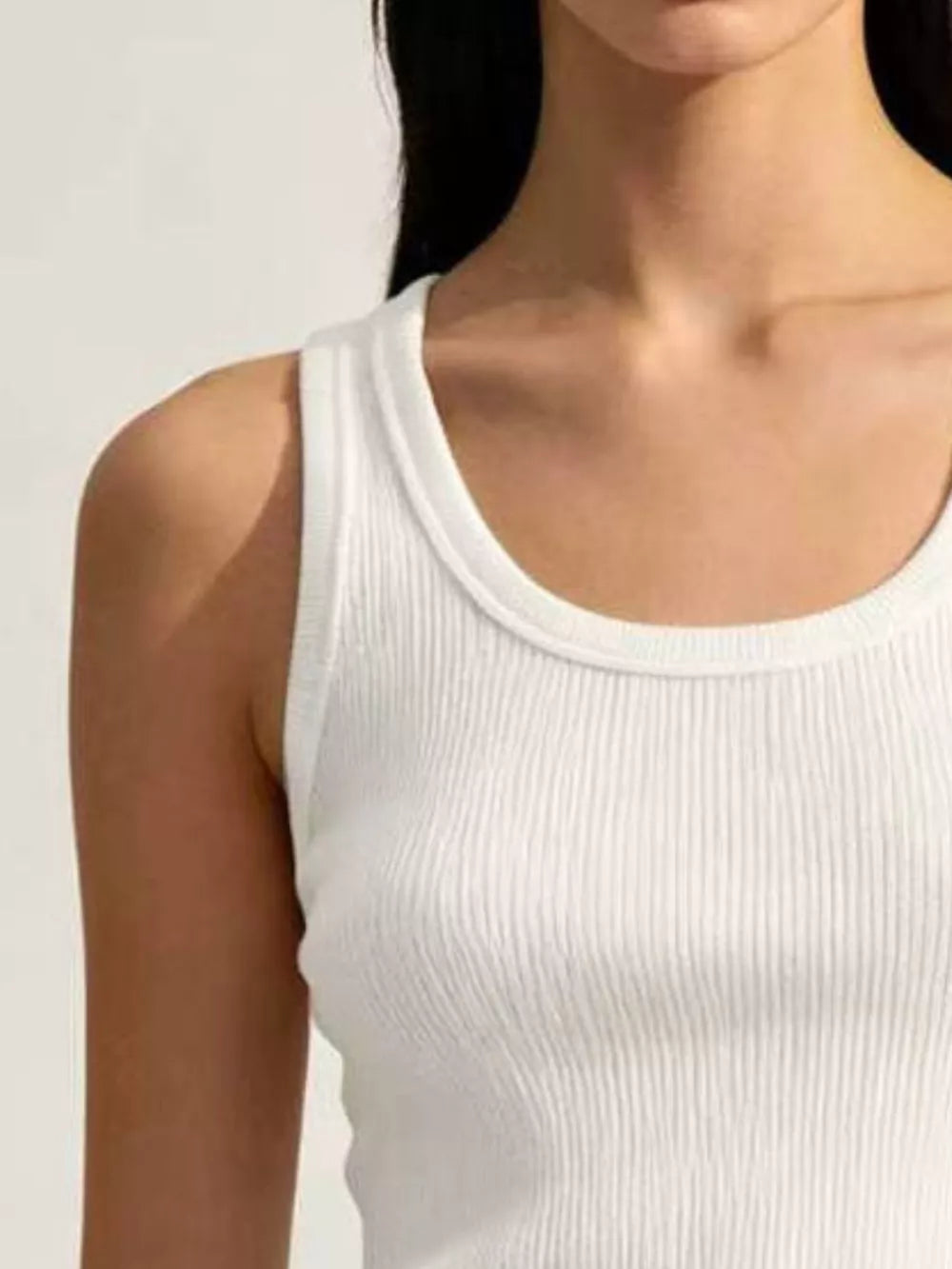 Ribbed Knit U-neck Tank in White, side view