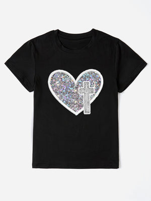 Black t-shirt with iridescent heart and cross appliqué detail.