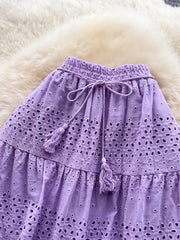 Purple eyelet tiered maxi skirt with drawstring and tassels