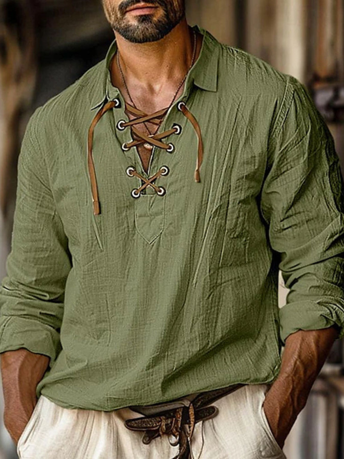 Men's army green cotton lace-up V-neck shirt with long sleeves